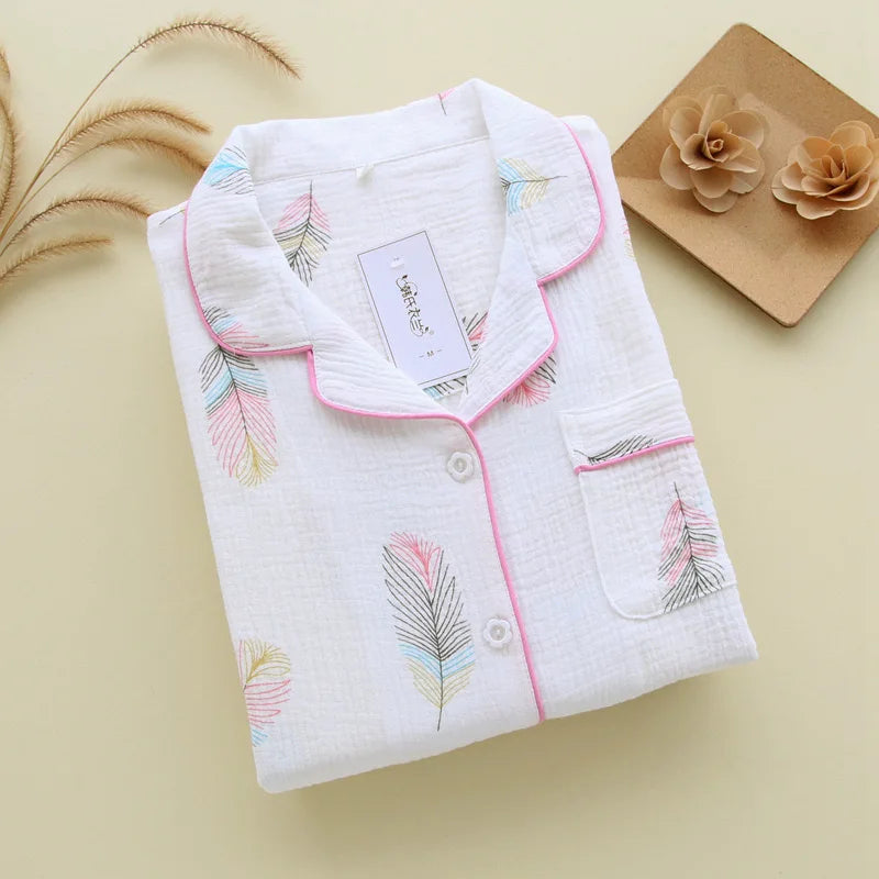 100% Cotton Gauze Women Pajamas Polka Dot Print Sleepwear 2025 Spring Female 2 Piece Set Nightwear Lady Pyjamas Loungewear