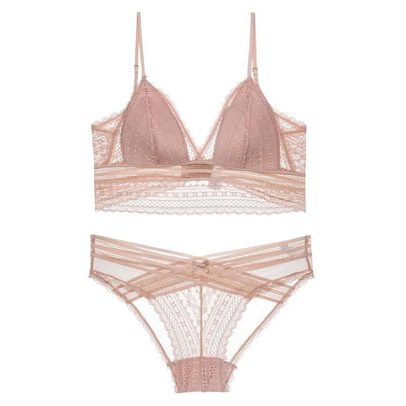 Sexy French Lace U Big Backless Bra and Panties Set Underwear Wireless Triangle Thin Cup Lingerie Women 2020 New Bralette