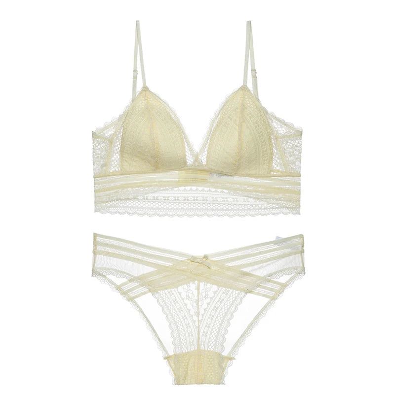 Sexy French Lace U Big Backless Bra and Panties Set Underwear Wireless Triangle Thin Cup Lingerie Women 2020 New Bralette