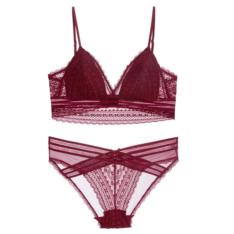 Sexy French Lace U Big Backless Bra and Panties Set Underwear Wireless Triangle Thin Cup Lingerie Women 2020 New Bralette