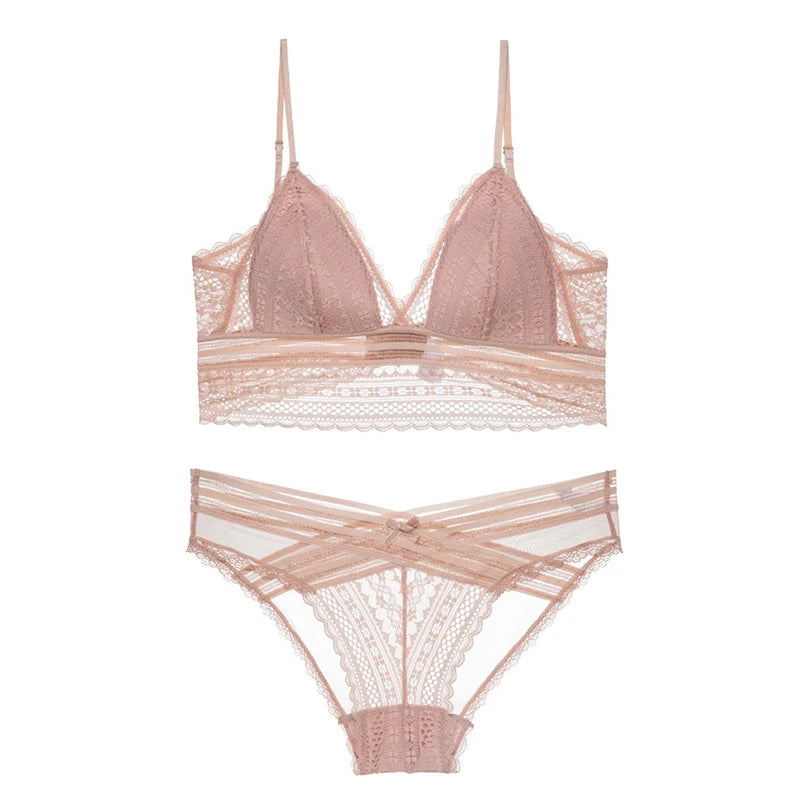 Sexy French Lace U Big Backless Bra and Panties Set Underwear Wireless Triangle Thin Cup Lingerie Women 2020 New Bralette