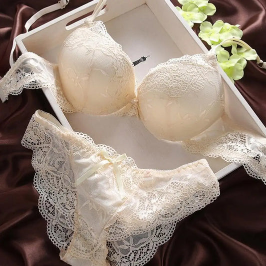 2 Pcs/Set Women Underwear Set Bra Panties Set Lace Push Up Elastic Deep V Neck Solid Color Soft Padded With Wire Bow-knot Back C