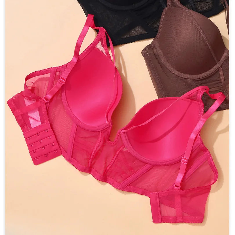 Hollow Out Lingerie Deep-V Neck Fishbone Underwear Push Up Women Sexy Lengthen Bra And Panty Sets Fashion Young Girls Intimates