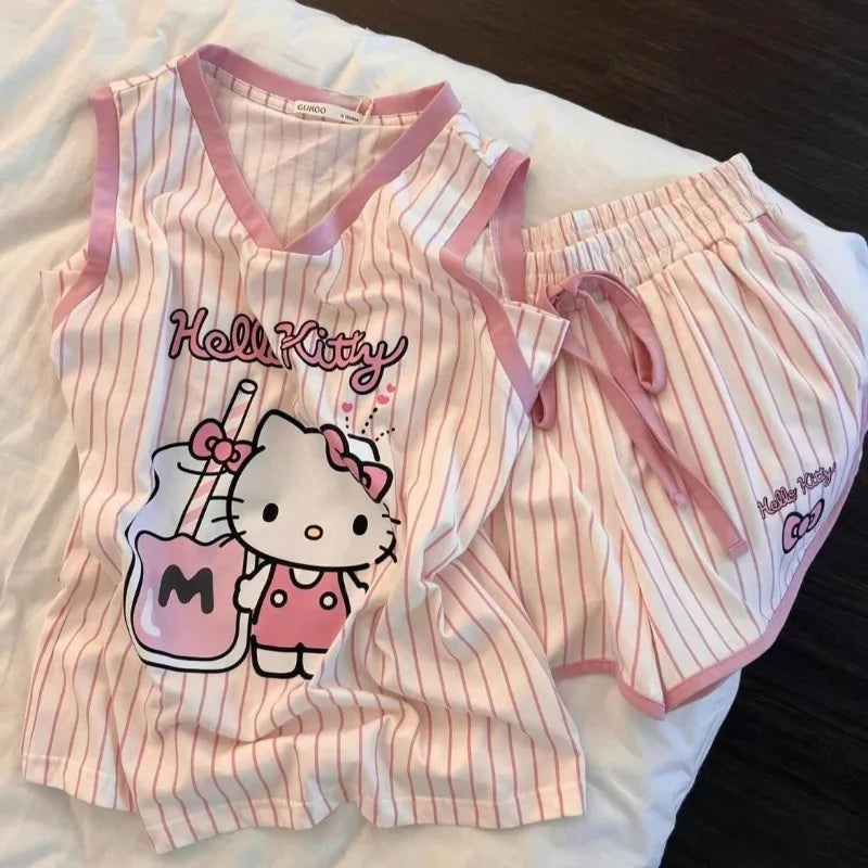 Hello Kitty Pajamas Anime Cartoon Printing Sanrio Short-sleeved Shorts Home Kawaii Summer Wear Leisure Sports Suit Holiday Gifts