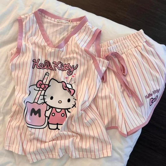 Hello Kitty Pajamas Anime Cartoon Printing Sanrio Short-sleeved Shorts Home Kawaii Summer Wear Leisure Sports Suit Holiday Gifts