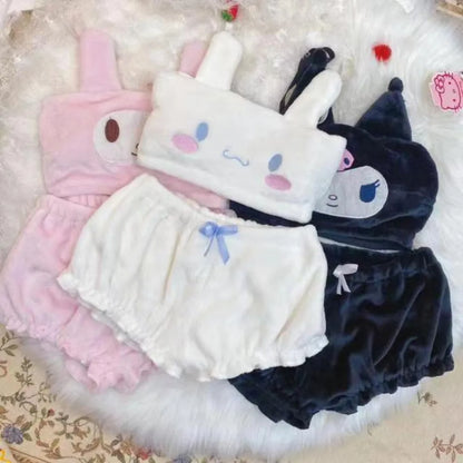 New cartoon Kuromi My Melody Cinnamoroll Sexy Pajamas Hot Girls Flannel Cartoon Fluffy Suspender Pajamas Shorts Set Girls Gift