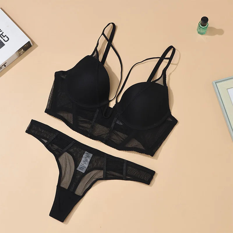 Hollow Out Lingerie Deep-V Neck Fishbone Underwear Push Up Women Sexy Lengthen Bra And Panty Sets Fashion Young Girls Intimates