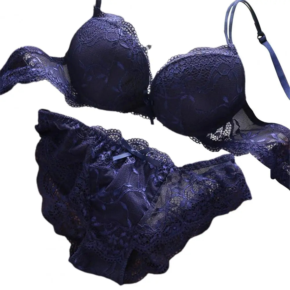 2 Pcs/Set Women Underwear Set Bra Panties Set Lace Push Up Elastic Deep V Neck Solid Color Soft Padded With Wire Bow-knot Back C