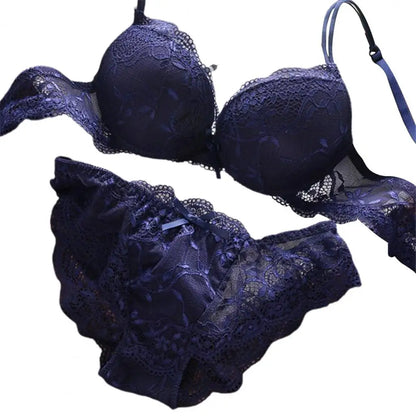 2 Pcs/Set Women Underwear Set Bra Panties Set Lace Push Up Elastic Deep V Neck Solid Color Soft Padded With Wire Bow-knot Back C