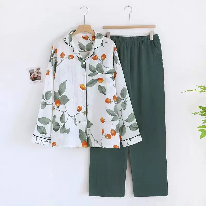100% Cotton Gauze Women Pajamas Polka Dot Print Sleepwear 2025 Spring Female 2 Piece Set Nightwear Lady Pyjamas Loungewear