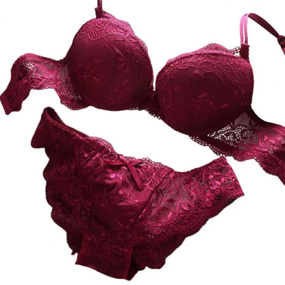 2 Pcs/Set Women Underwear Set Bra Panties Set Lace Push Up Elastic Deep V Neck Solid Color Soft Padded With Wire Bow-knot Back C
