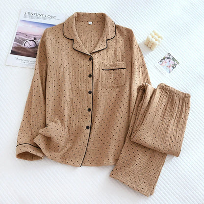 100% Cotton Gauze Women Pajamas Polka Dot Print Sleepwear 2025 Spring Female 2 Piece Set Nightwear Lady Pyjamas Loungewear