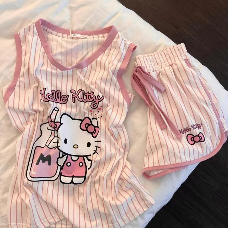 Hello Kitty Pajamas Anime Cartoon Printing Sanrio Short-sleeved Shorts Home Kawaii Summer Wear Leisure Sports Suit Holiday Gifts