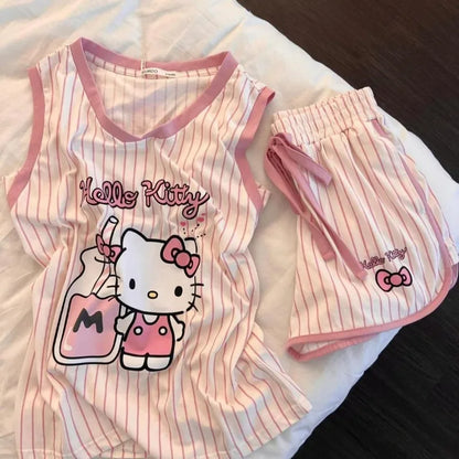 Hello Kitty Pajamas Anime Cartoon Printing Sanrio Short-sleeved Shorts Home Kawaii Summer Wear Leisure Sports Suit Holiday Gifts