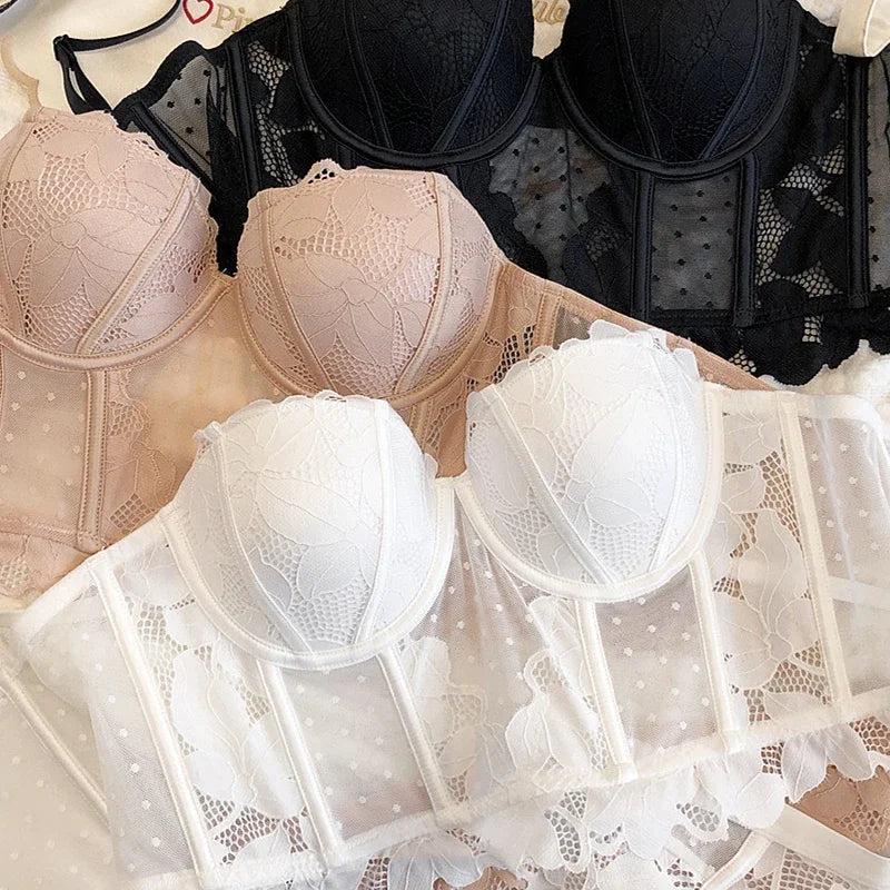 2 Pieces Sexy Lace Flowers Embroidery Underwear Set Women Body Shaper Tops Push Up Bra Set Black Mesh Dot Breathable Lingerie
