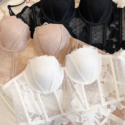 2 Pieces Sexy Lace Flowers Embroidery Underwear Set Women Body Shaper Tops Push Up Bra Set Black Mesh Dot Breathable Lingerie