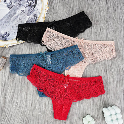 Women's Lace Thong Panties Brazilian Cut Low Waist Sexy See Through Lingerie Hollow Out Comfortable Elastic Underwear