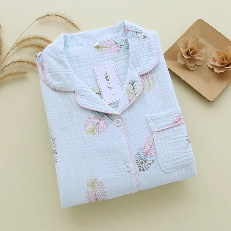 100% Cotton Gauze Women Pajamas Polka Dot Print Sleepwear 2025 Spring Female 2 Piece Set Nightwear Lady Pyjamas Loungewear