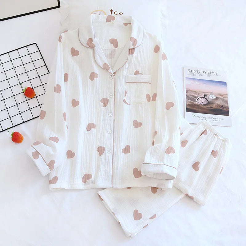 100% Cotton Gauze Women Pajamas Polka Dot Print Sleepwear 2025 Spring Female 2 Piece Set Nightwear Lady Pyjamas Loungewear