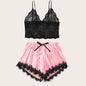 Summer Silk Satin Women's V-Neck Sexy Lace Suspender Pajama Shorts Set Stripes Heart Casual Women's Sleeveless Sexy Pajama Set