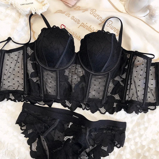 2 Pieces Sexy Lace Flowers Embroidery Underwear Set Women Body Shaper Tops Push Up Bra Set Black Mesh Dot Breathable Lingerie