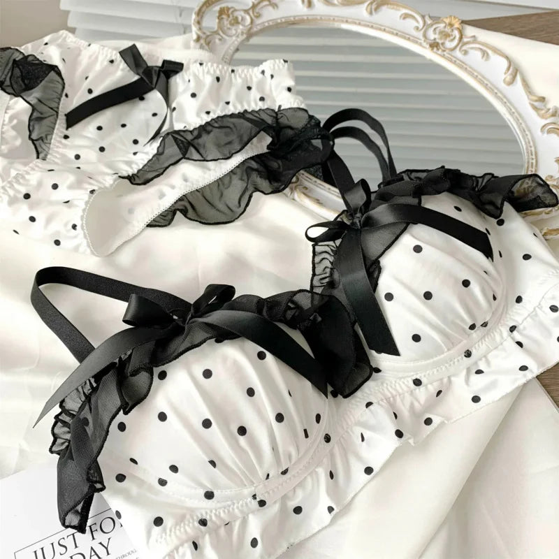 Women's Cute Bow & Polka Dot Bra Set - No Wire Push Up for Petite Chest, Comfort Lace Underwear Set (2-Piece)