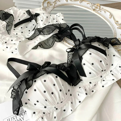 Women's Cute Bow & Polka Dot Bra Set - No Wire Push Up for Petite Chest, Comfort Lace Underwear Set (2-Piece)