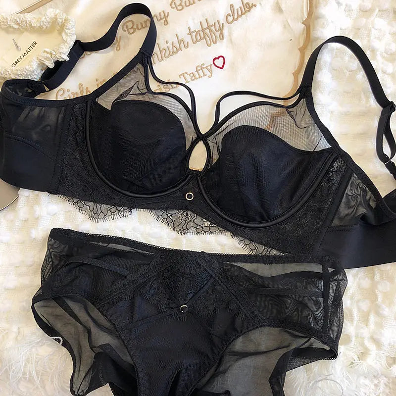 Sexy Hollow Bra Briefs Set Women Lace High Quality Underwear French Thin Cup Adjustment Type Push Up Bras Mesh Lingerie Sets