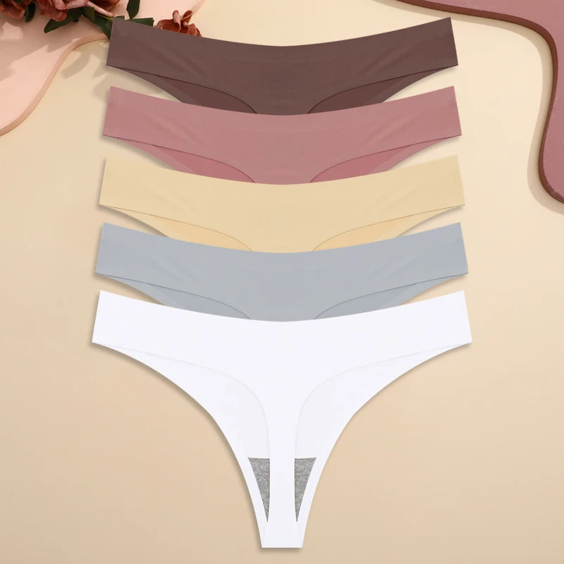5PCS Ice Silk Seamless Thongs Women's Sexy Invisible Underwear Ultra-thin Low Waist G-String Breathable Stretchy Bikini Lingerie