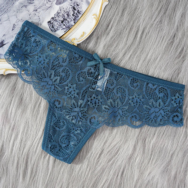 Women's Lace Thong Panties Brazilian Cut Low Waist Sexy See Through Lingerie Hollow Out Comfortable Elastic Underwear