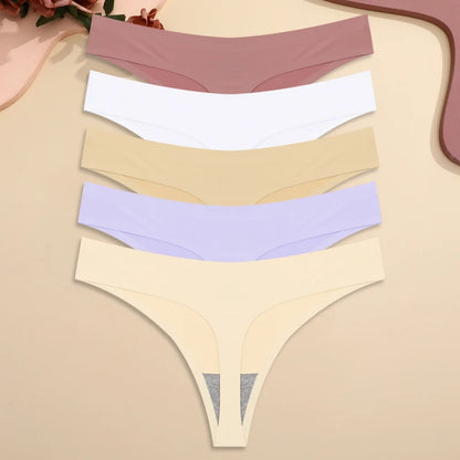 5PCS Ice Silk Seamless Thongs Women's Sexy Invisible Underwear Ultra-thin Low Waist G-String Breathable Stretchy Bikini Lingerie