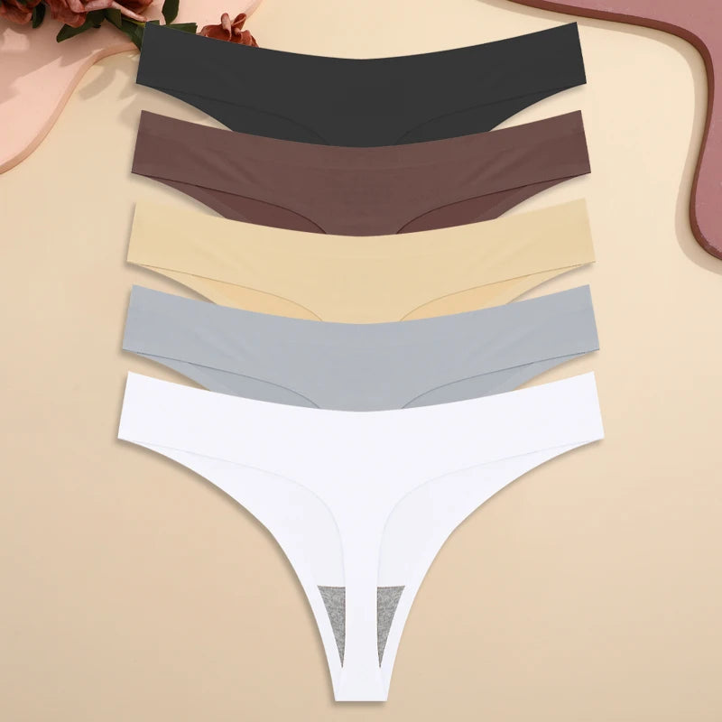 5PCS Ice Silk Seamless Thongs Women's Sexy Invisible Underwear Ultra-thin Low Waist G-String Breathable Stretchy Bikini Lingerie