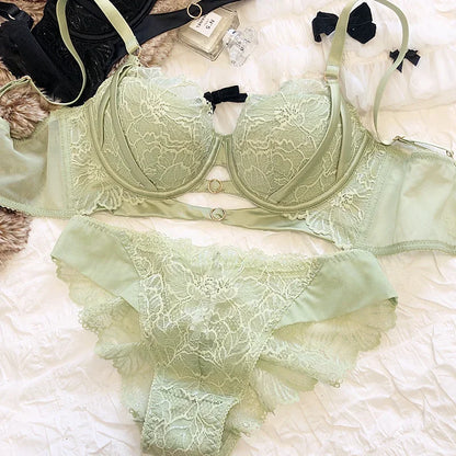 2 Pieces Sexy Lace Underwear Set for Women French Thin Cup Comfort Bra Set Flowers Embroidery Lingerie Hollow Push Up Brassiere