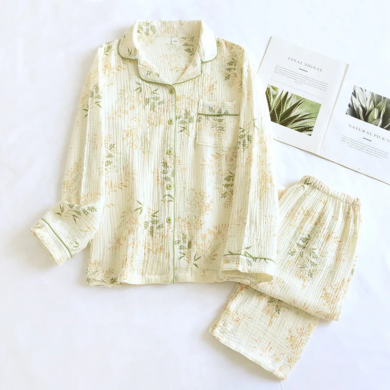100% Cotton Gauze Women Pajamas Polka Dot Print Sleepwear 2025 Spring Female 2 Piece Set Nightwear Lady Pyjamas Loungewear