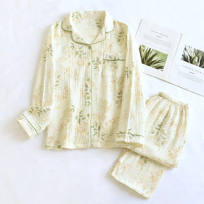 100% Cotton Gauze Women Pajamas Polka Dot Print Sleepwear 2025 Spring Female 2 Piece Set Nightwear Lady Pyjamas Loungewear