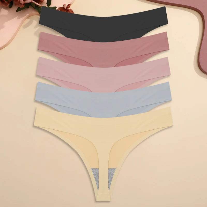 5PCS Ice Silk Seamless Thongs Women's Sexy Invisible Underwear Ultra-thin Low Waist G-String Breathable Stretchy Bikini Lingerie