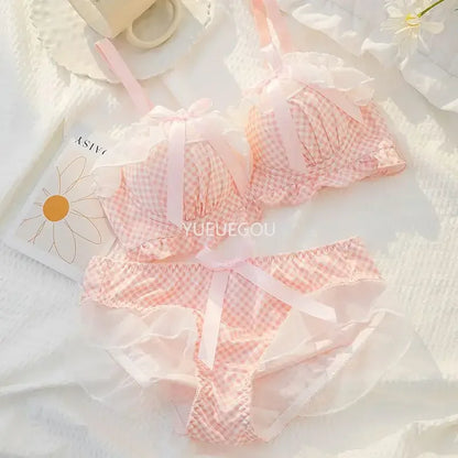 Women's Cute Bow & Polka Dot Bra Set - No Wire Push Up for Petite Chest, Comfort Lace Underwear Set (2-Piece)