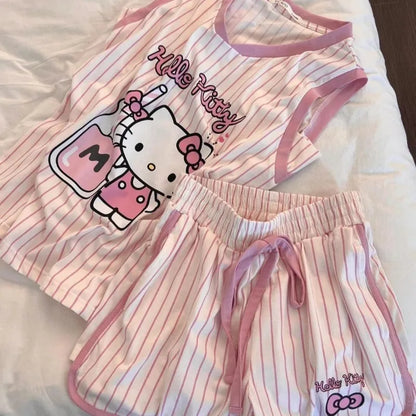Hello Kitty Pajamas Anime Cartoon Printing Sanrio Short-sleeved Shorts Home Kawaii Summer Wear Leisure Sports Suit Holiday Gifts