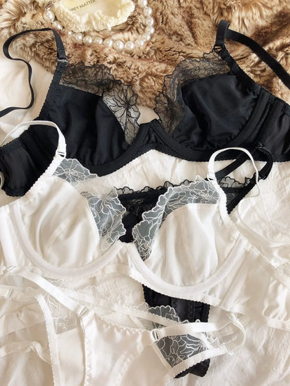 2 Pcs High Quality Women Lingerie Set Sexy Ultra Thin Satin Lace Splicing Bras French Leopard Print Underwear Bra and Thong Sets