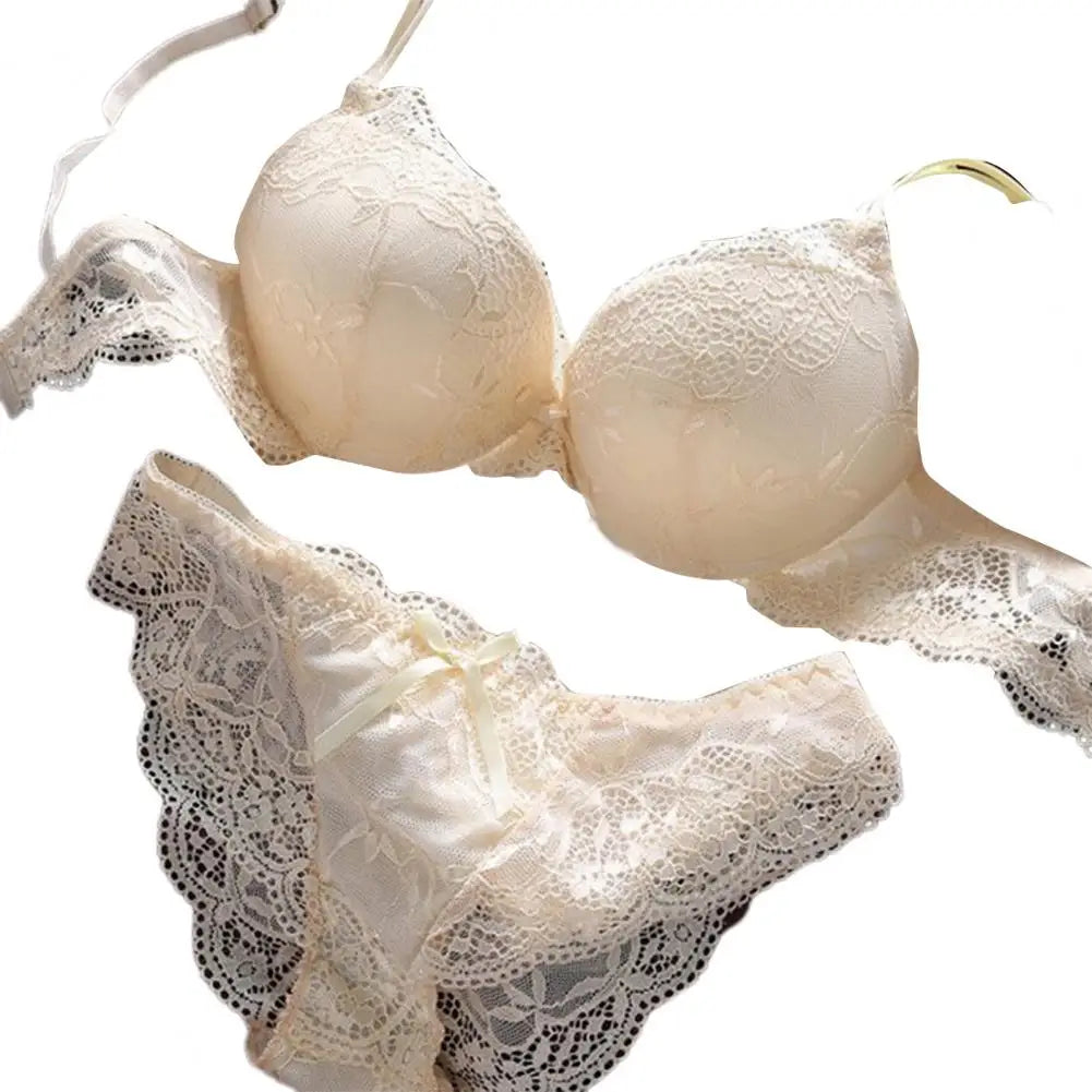 2 Pcs/Set Women Underwear Set Bra Panties Set Lace Push Up Elastic Deep V Neck Solid Color Soft Padded With Wire Bow-knot Back C