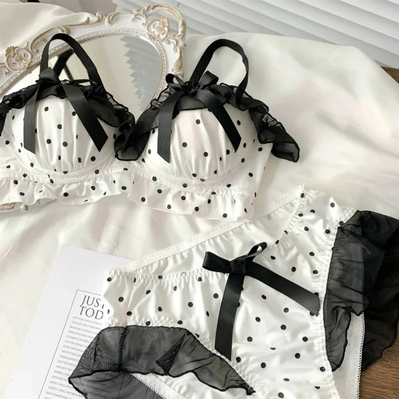 Women's Cute Bow & Polka Dot Bra Set - No Wire Push Up for Petite Chest, Comfort Lace Underwear Set (2-Piece)