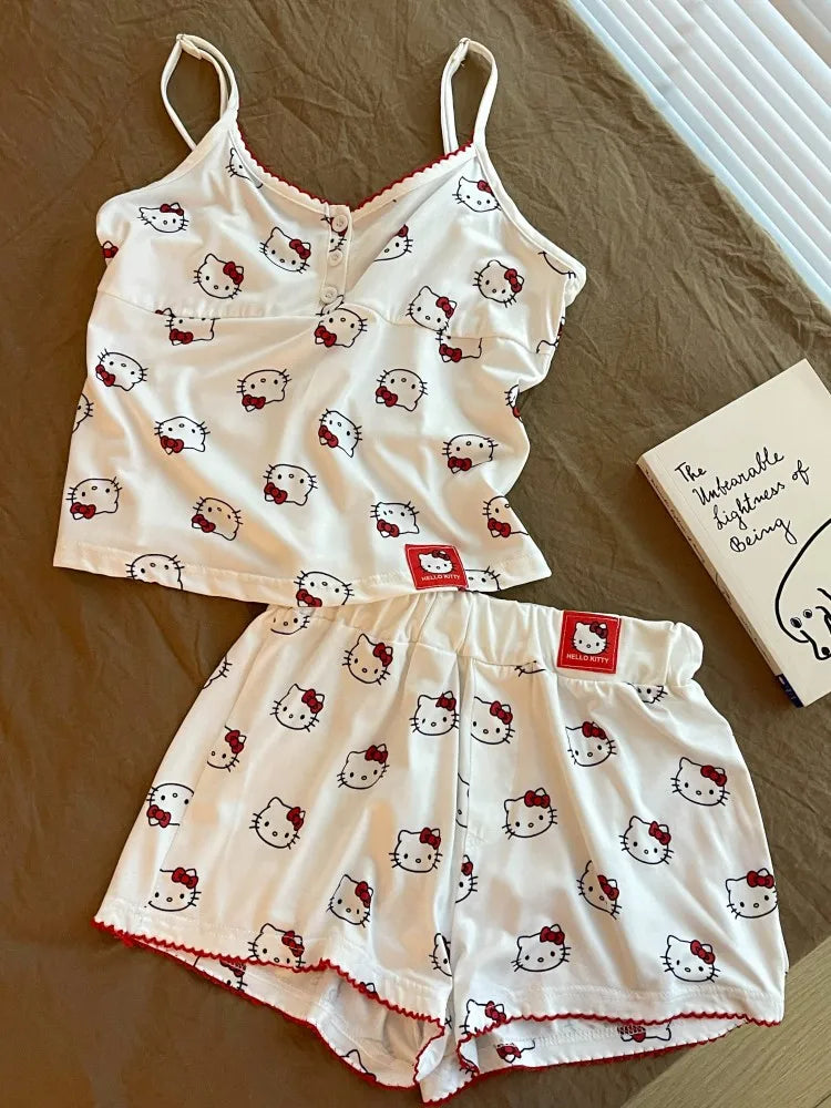 Y2K Hello Kitty Pajamas Set Anime Sanrio Summer Woman Vest Shorts Pajama Sweet Student Casual Wear Girl Cartoon Homewear