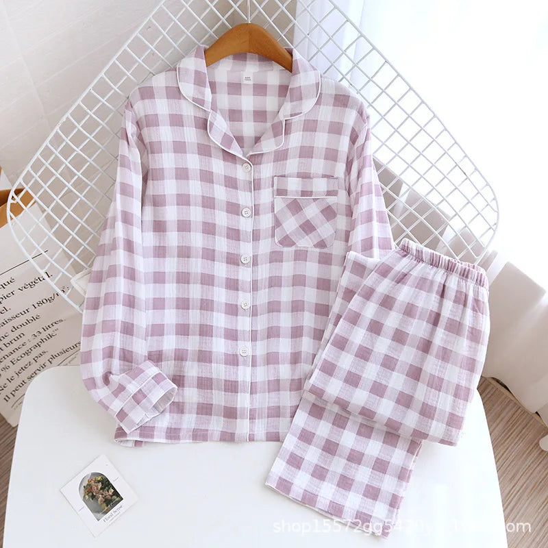 100% Cotton Gauze Women Pajamas Polka Dot Print Sleepwear 2025 Spring Female 2 Piece Set Nightwear Lady Pyjamas Loungewear