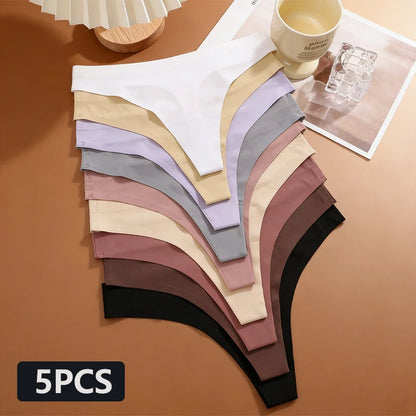 5PCS Ice Silk Seamless Thongs Women's Sexy Invisible Underwear Ultra-thin Low Waist G-String Breathable Stretchy Bikini Lingerie