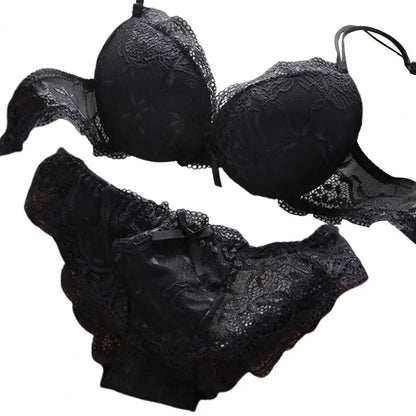 2 Pcs/Set Women Underwear Set Bra Panties Set Lace Push Up Elastic Deep V Neck Solid Color Soft Padded With Wire Bow-knot Back C