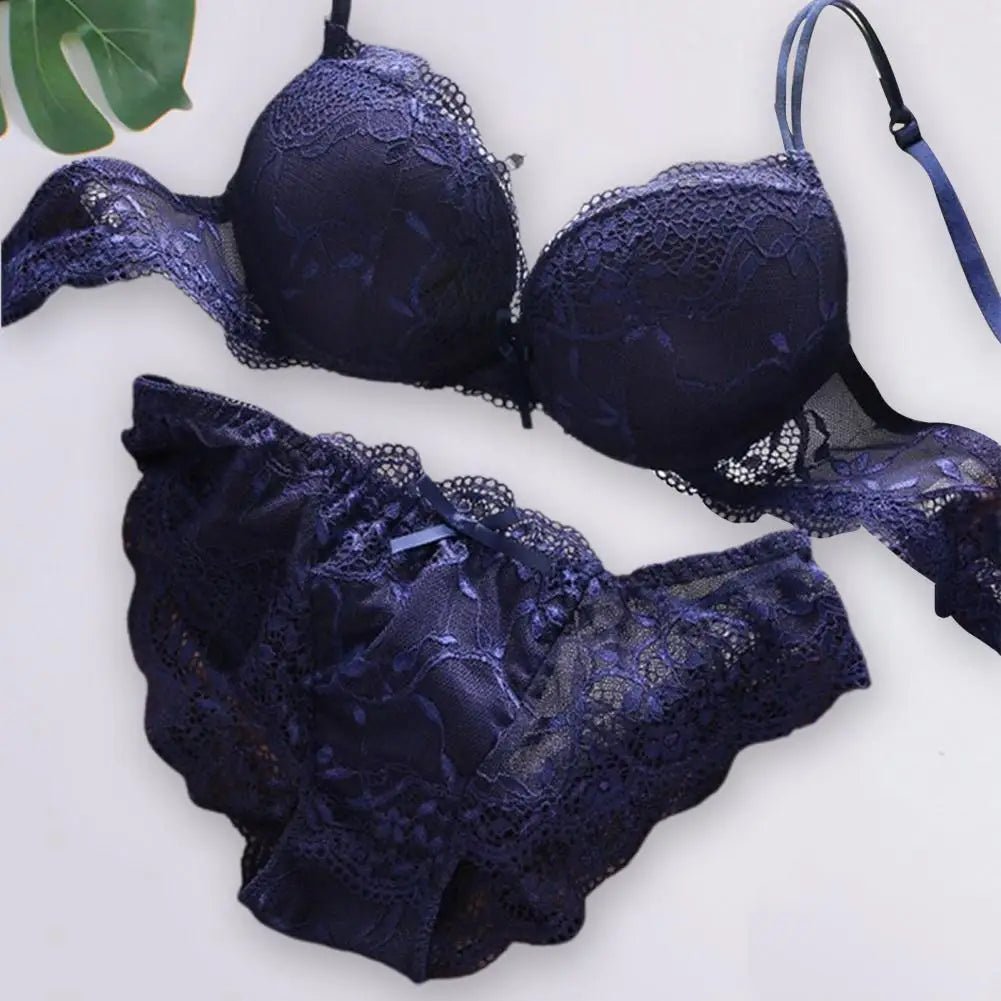 2 Pcs/Set Women Underwear Set Bra Panties Set Lace Push Up Elastic Deep V Neck Solid Color Soft Padded With Wire Bow-knot Back C