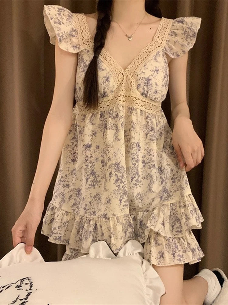 Sweet Princess Style Women's Lace Nightgown Set with Chest Pad V-Neck Short Pants Cotton Summer Sleepwear Casual Home Clothes