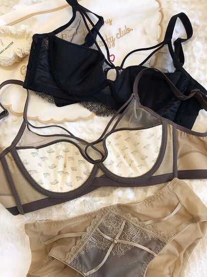 Sexy Hollow Bra Briefs Set Women Lace High Quality Underwear French Thin Cup Adjustment Type Push Up Bras Mesh Lingerie Sets