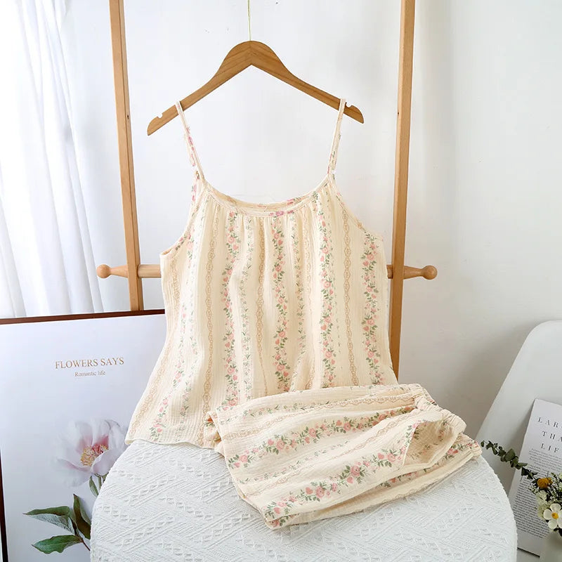 100% Cotton Women's pajama Set Woman 2 Pieces Spaghetti Strap Sleepwear Women Floral print Pajama Loungewea Spaghetti Strap