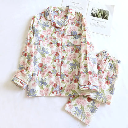 100% Cotton Gauze Women Pajamas Polka Dot Print Sleepwear 2025 Spring Female 2 Piece Set Nightwear Lady Pyjamas Loungewear